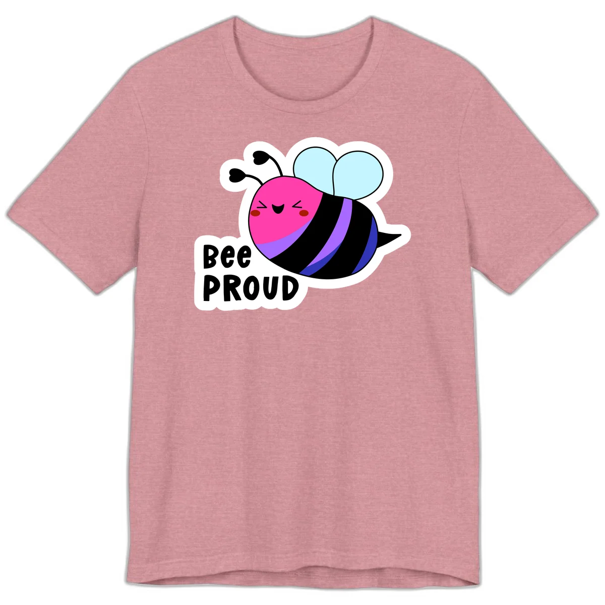 Colorful cartoon bee with pink head, rainbow-striped body, light blue wings, smiling face, and 'BEE PROUD' text in Heather Orchid