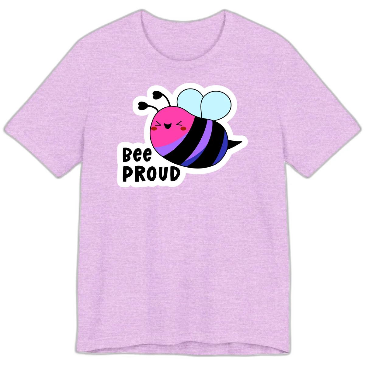 Colorful cartoon bee with pink head, rainbow-striped body, light blue wings, smiling face, and 'BEE PROUD' text in Heather Prism Lilac