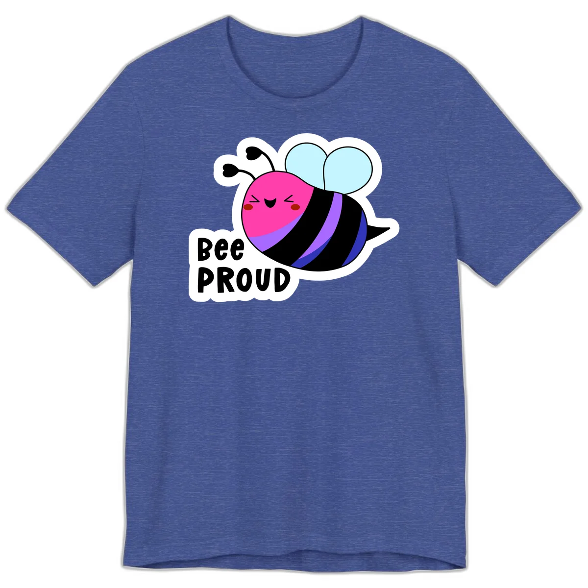 Colorful cartoon bee with pink head, rainbow-striped body, light blue wings, smiling face, and 'BEE PROUD' text in Heather True Royal
