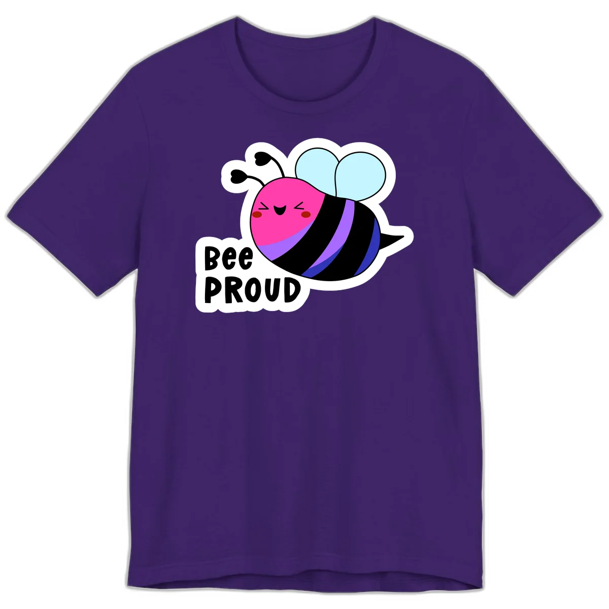 Colorful cartoon bee with pink head, rainbow-striped body, light blue wings, smiling face, and 'BEE PROUD' text in Team Purple