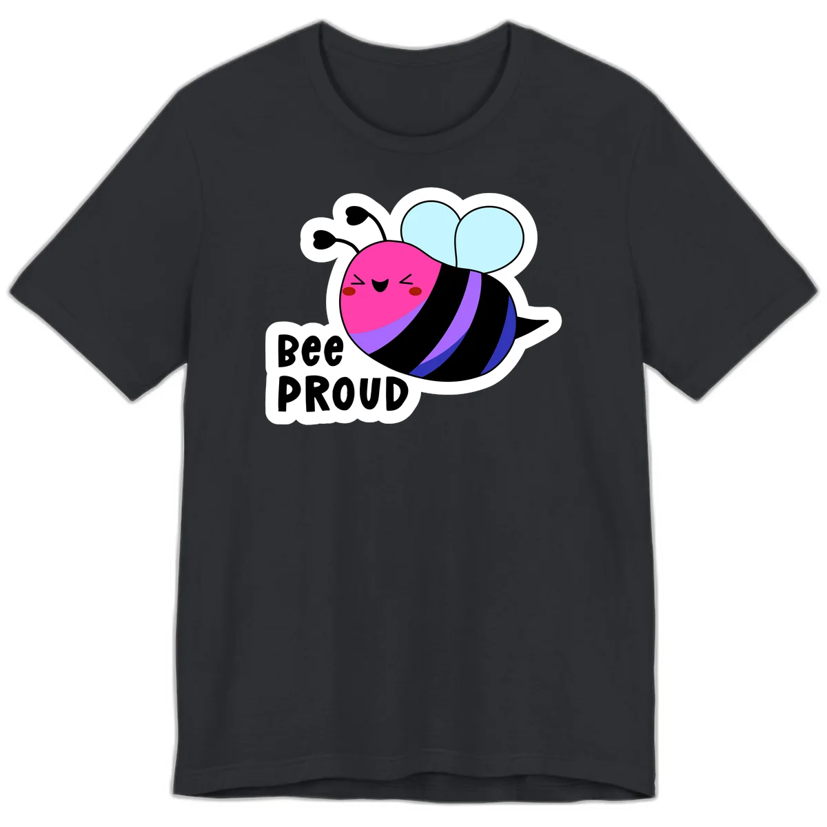 Colorful cartoon bee with pink head, rainbow-striped body, light blue wings, smiling face, and 'BEE PROUD' text in Vintage Black