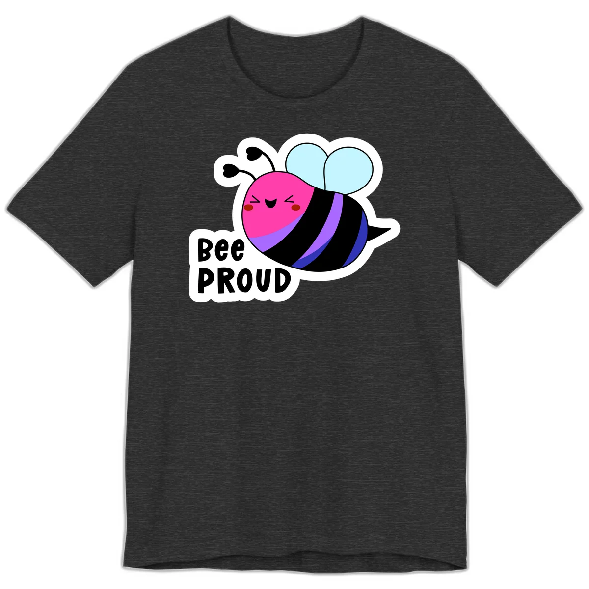 Colorful cartoon bee with pink head, rainbow-striped body, light blue wings, smiling face, and 'BEE PROUD' text in Dark Grey Heather