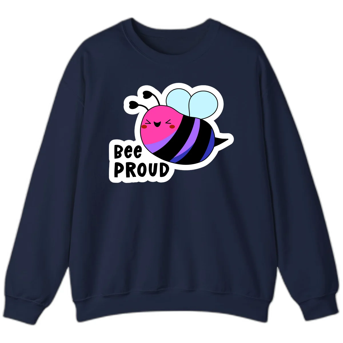 Colorful cartoon bee with pink head, rainbow-striped body, light blue wings, smiling face, and 'BEE PROUD' text in Navy