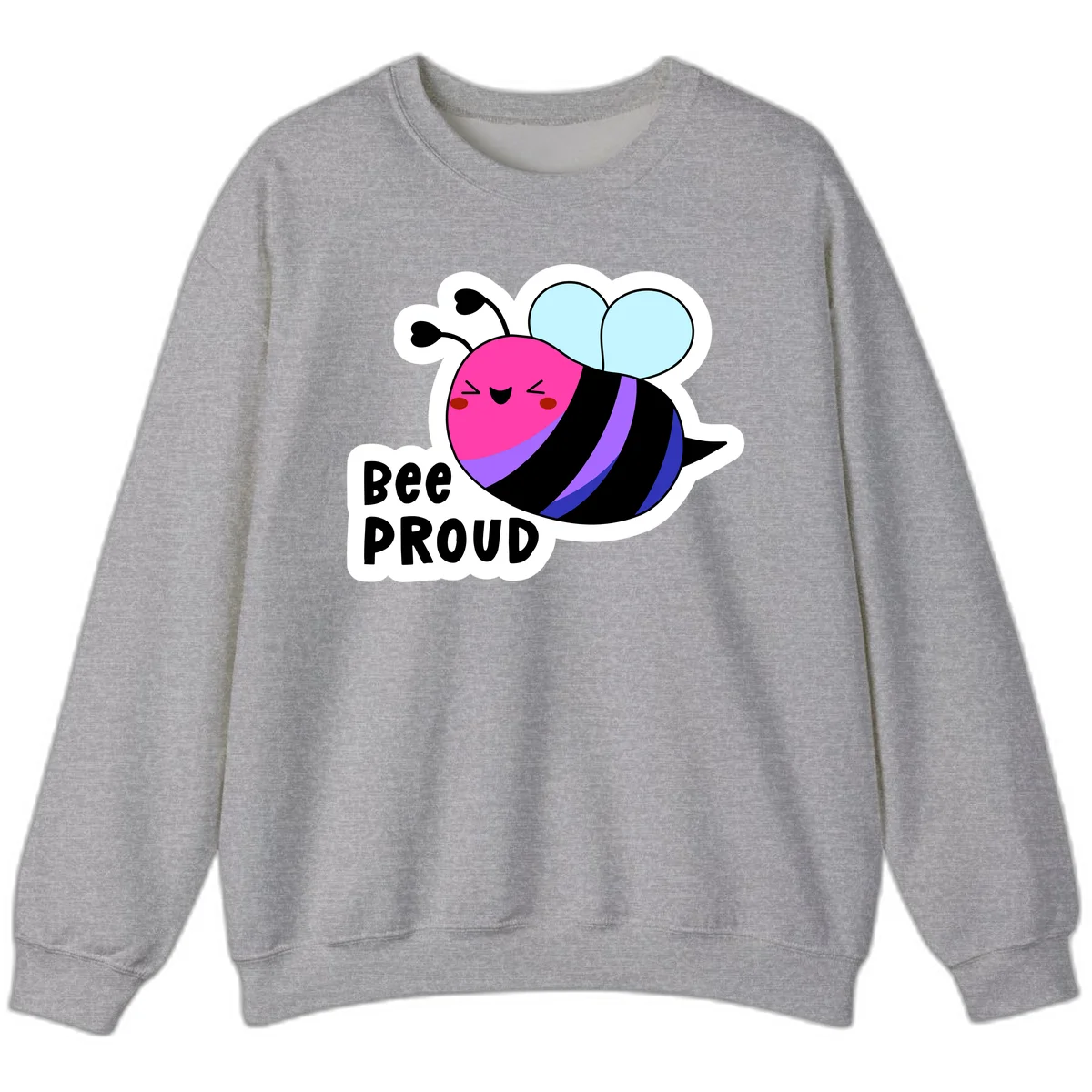 Colorful cartoon bee with pink head, rainbow-striped body, light blue wings, smiling face, and 'BEE PROUD' text in Sport Grey
