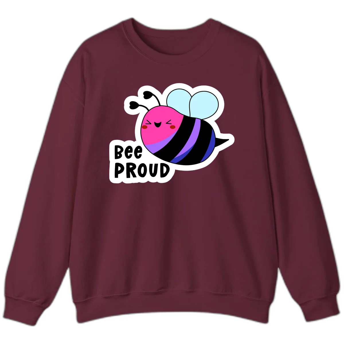 Colorful cartoon bee with pink head, rainbow-striped body, light blue wings, smiling face, and 'BEE PROUD' text in Maroon