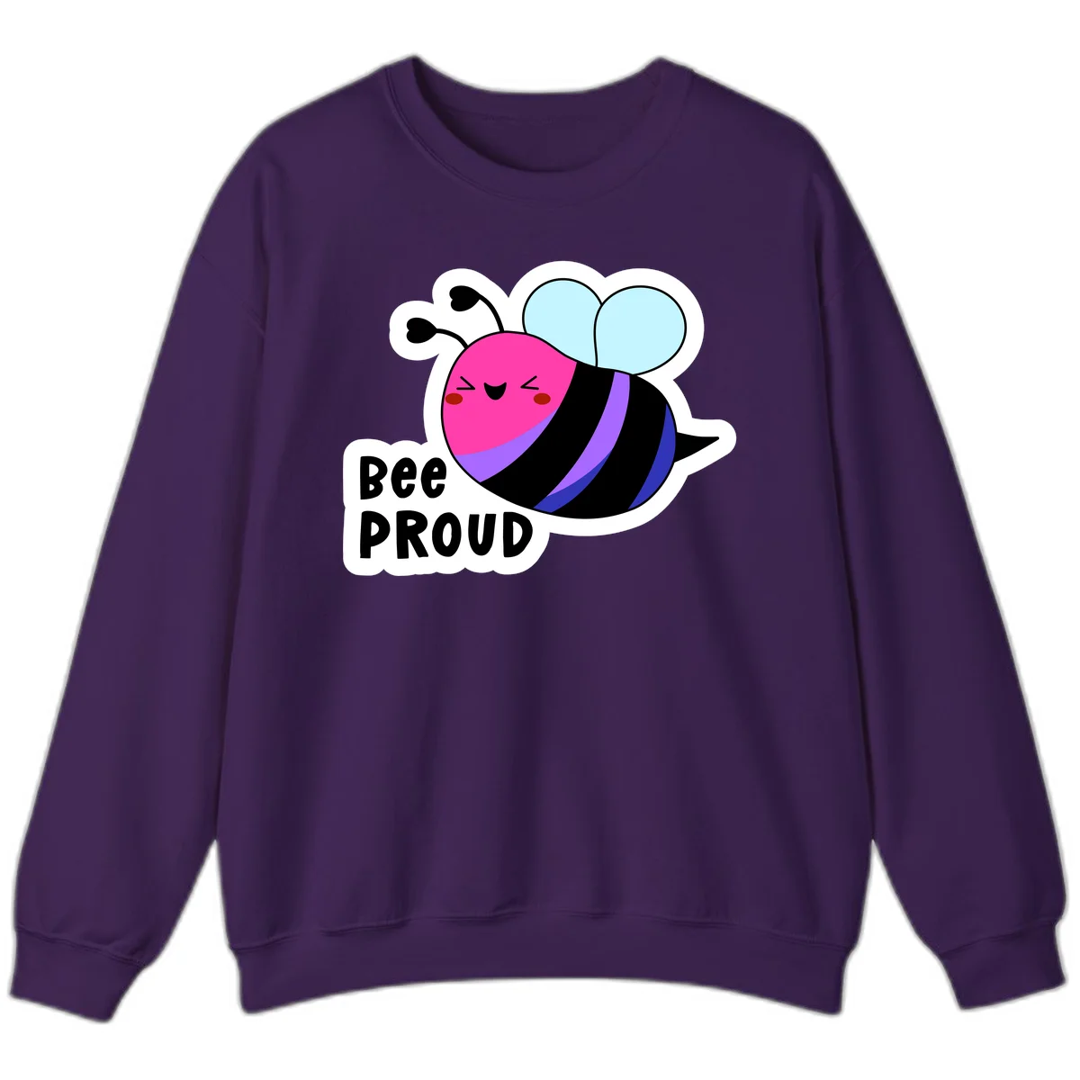 Colorful cartoon bee with pink head, rainbow-striped body, light blue wings, smiling face, and 'BEE PROUD' text in Purple