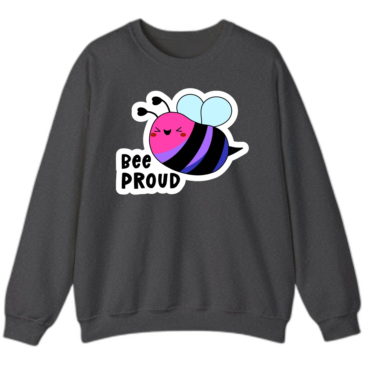 Colorful cartoon bee with pink head, rainbow-striped body, light blue wings, smiling face, and 'BEE PROUD' text in Dark Heather