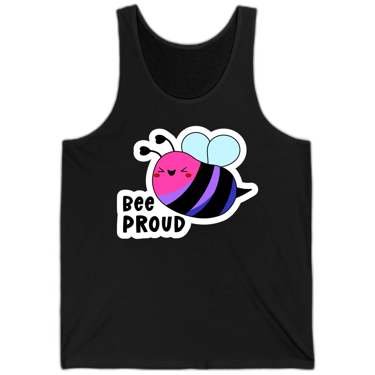 Colorful cartoon bee with pink head, rainbow-striped body, light blue wings, smiling face, and 'BEE PROUD' text in Black