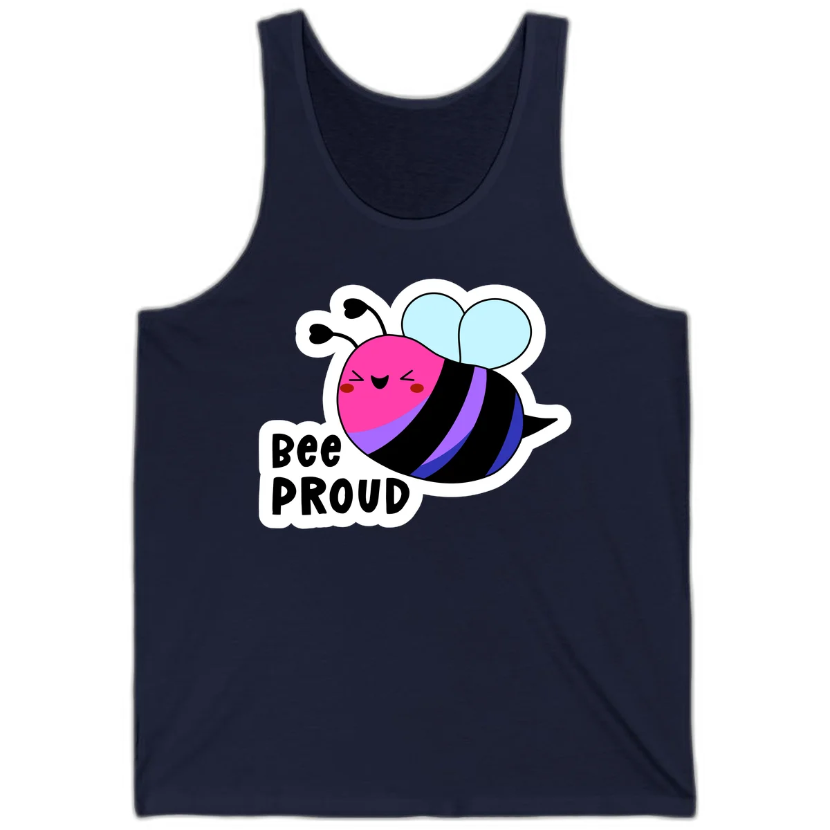 Colorful cartoon bee with pink head, rainbow-striped body, light blue wings, smiling face, and 'BEE PROUD' text in Navy
