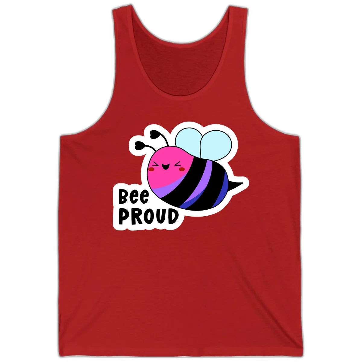 Colorful cartoon bee with pink head, rainbow-striped body, light blue wings, smiling face, and 'BEE PROUD' text in Red