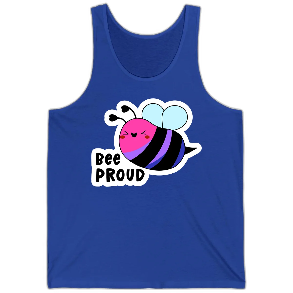 Colorful cartoon bee with pink head, rainbow-striped body, light blue wings, smiling face, and 'BEE PROUD' text in True Royal