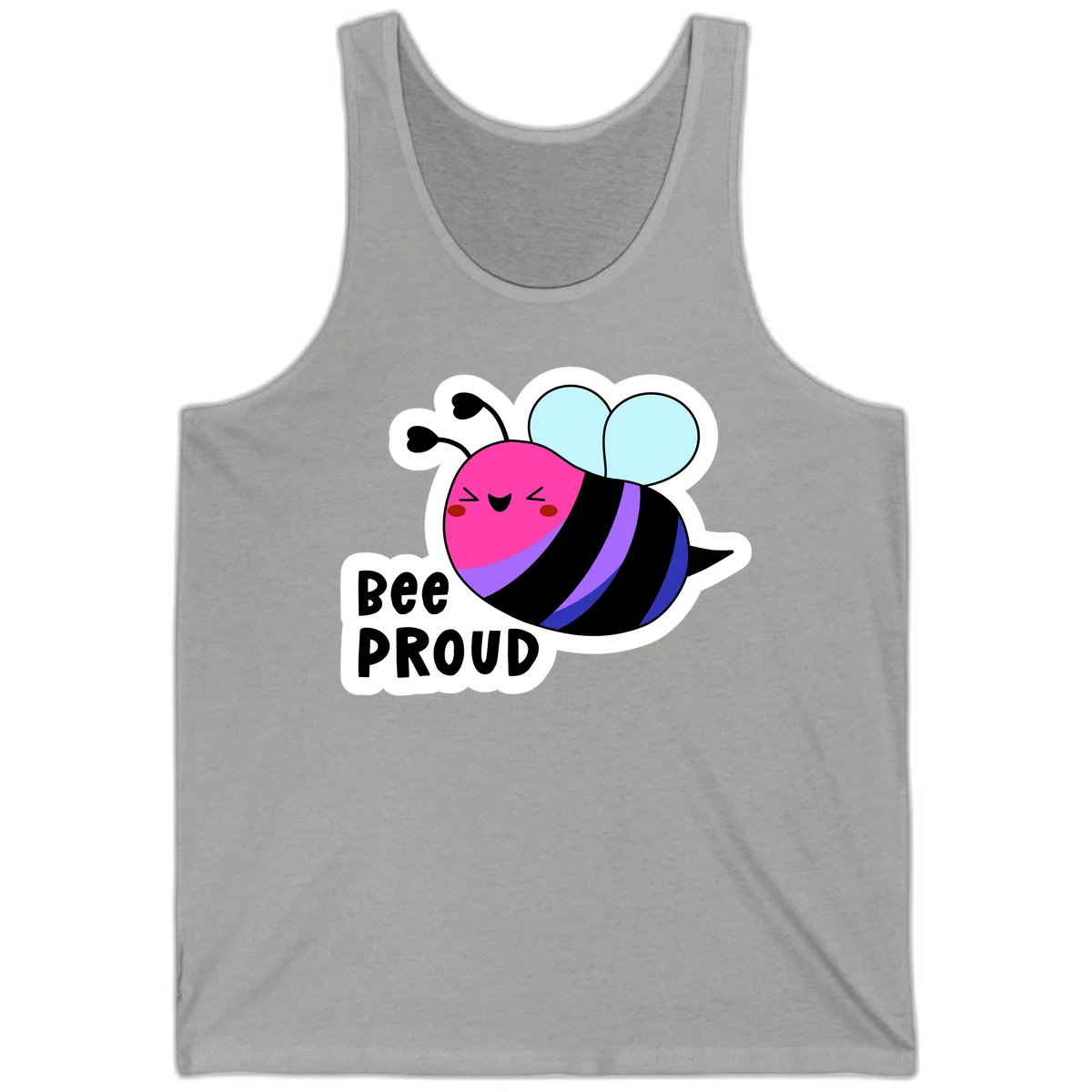 Colorful cartoon bee with pink head, rainbow-striped body, light blue wings, smiling face, and 'BEE PROUD' text in Athletic Heather