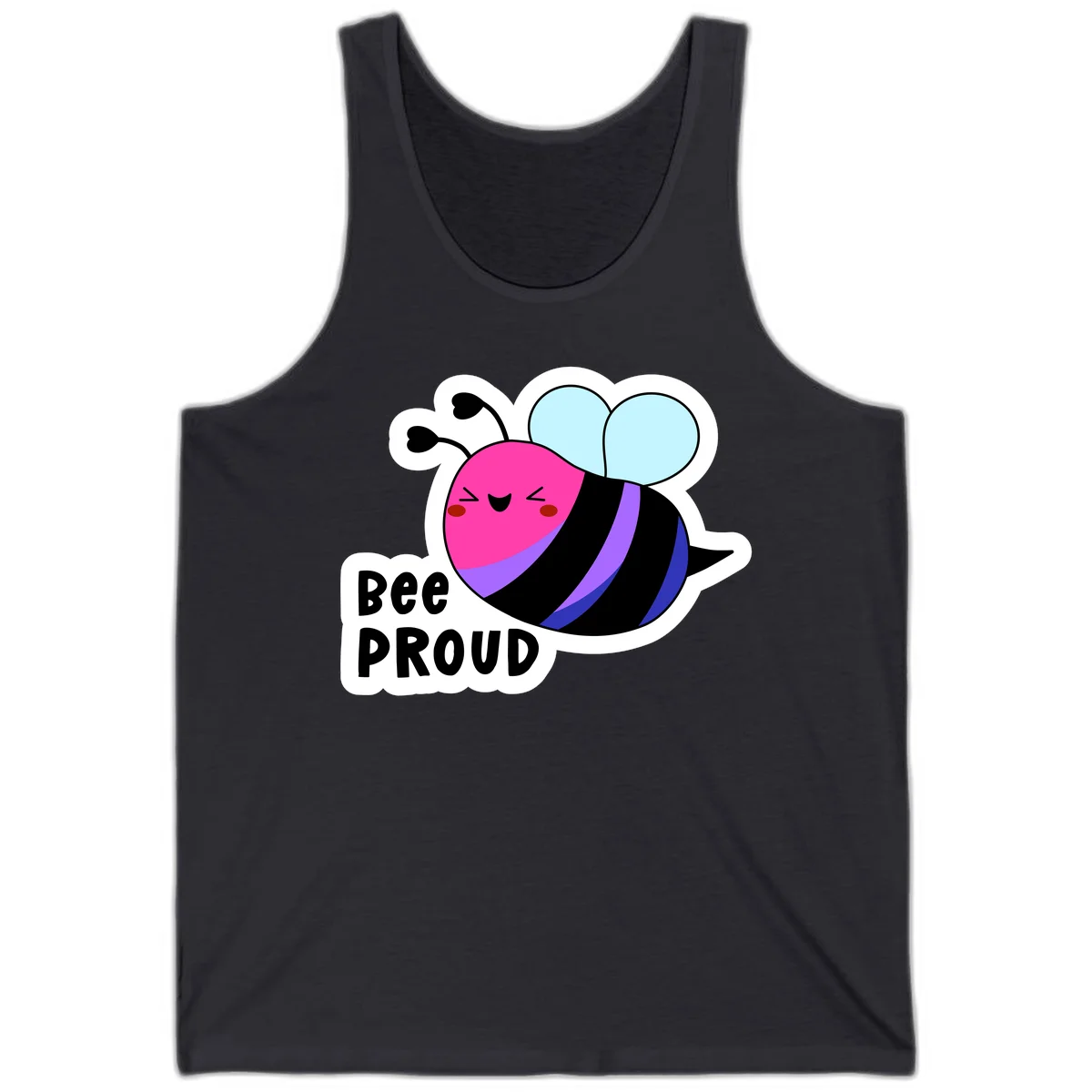 Colorful cartoon bee with pink head, rainbow-striped body, light blue wings, smiling face, and 'BEE PROUD' text in Dark Grey