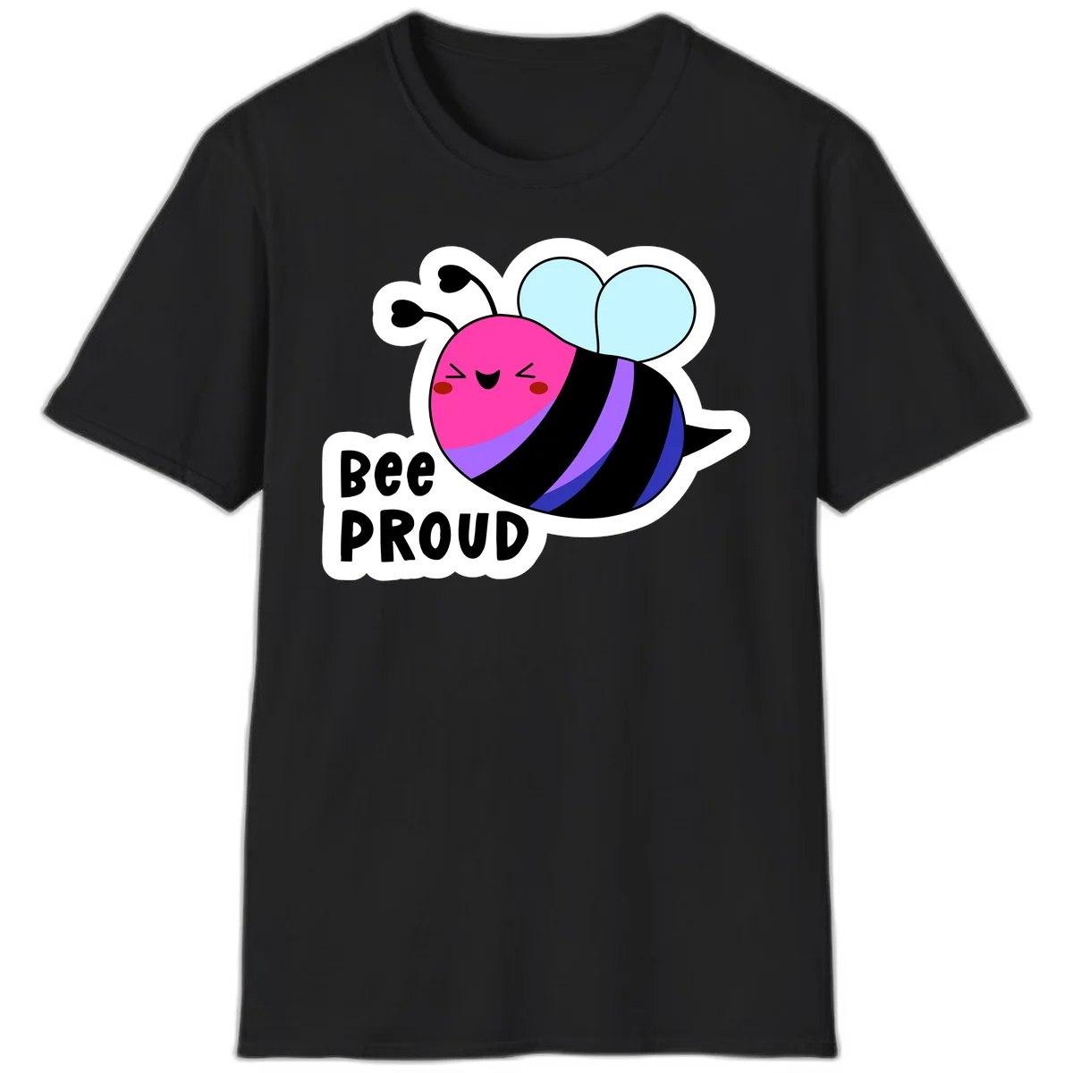 Colorful cartoon bee with pink head, rainbow-striped body, light blue wings, smiling face, and 'BEE PROUD' text in Black