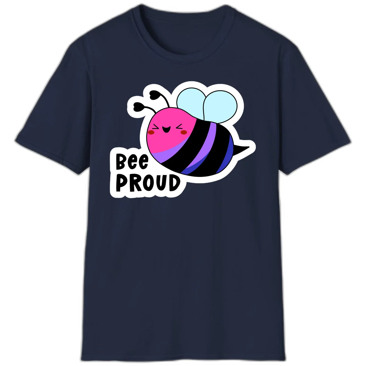 Colorful cartoon bee with pink head, rainbow-striped body, light blue wings, smiling face, and 'BEE PROUD' text in Navy