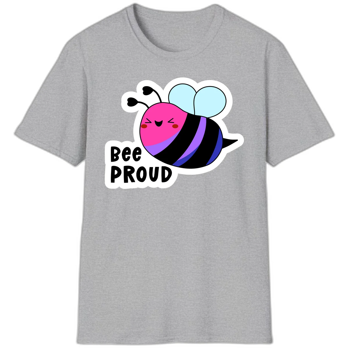 Colorful cartoon bee with pink head, rainbow-striped body, light blue wings, smiling face, and 'BEE PROUD' text in Sport Grey