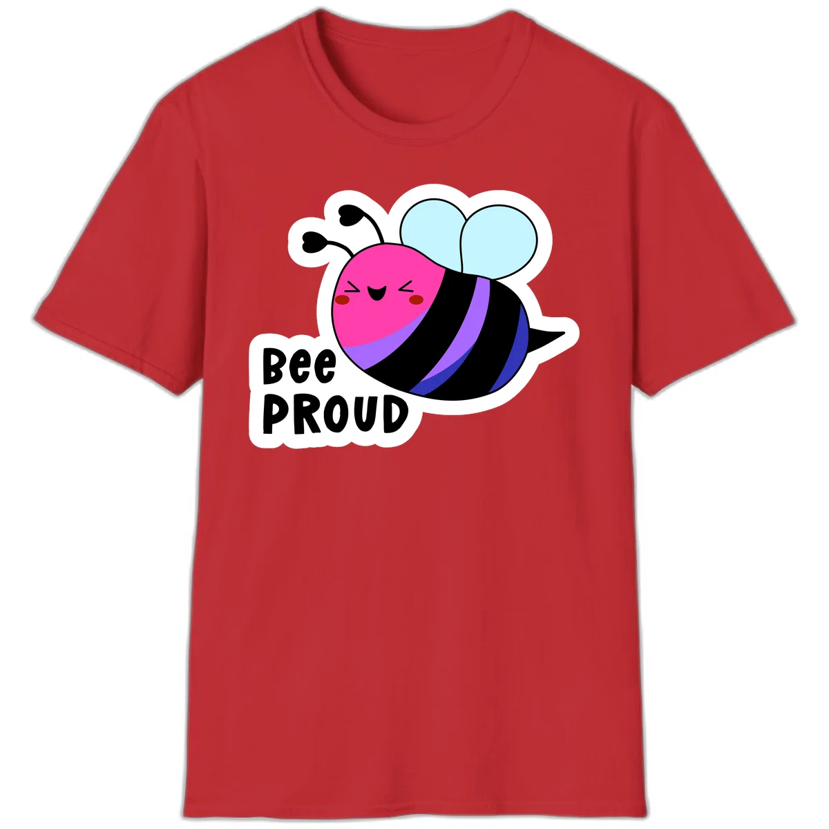 Colorful cartoon bee with pink head, rainbow-striped body, light blue wings, smiling face, and 'BEE PROUD' text in Red