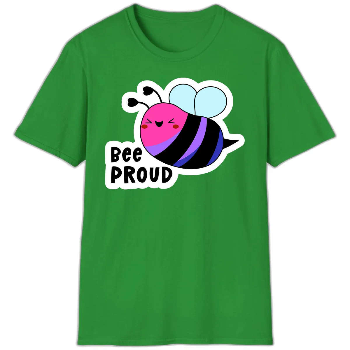 Colorful cartoon bee with pink head, rainbow-striped body, light blue wings, smiling face, and 'BEE PROUD' text in Irish Green