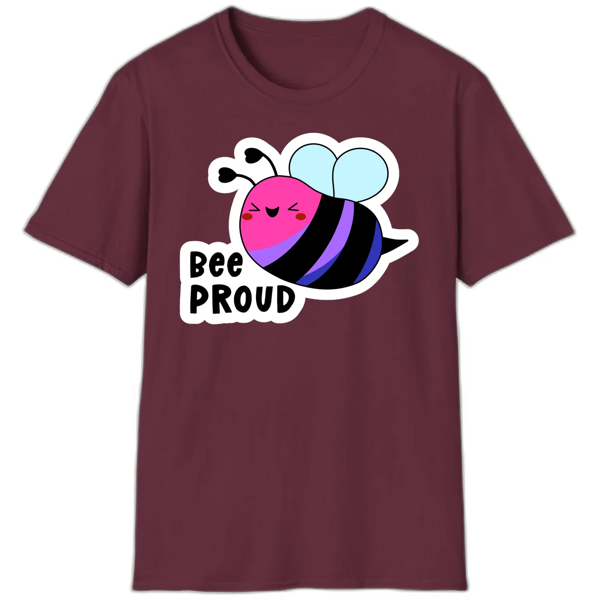 Colorful cartoon bee with pink head, rainbow-striped body, light blue wings, smiling face, and 'BEE PROUD' text in Maroon