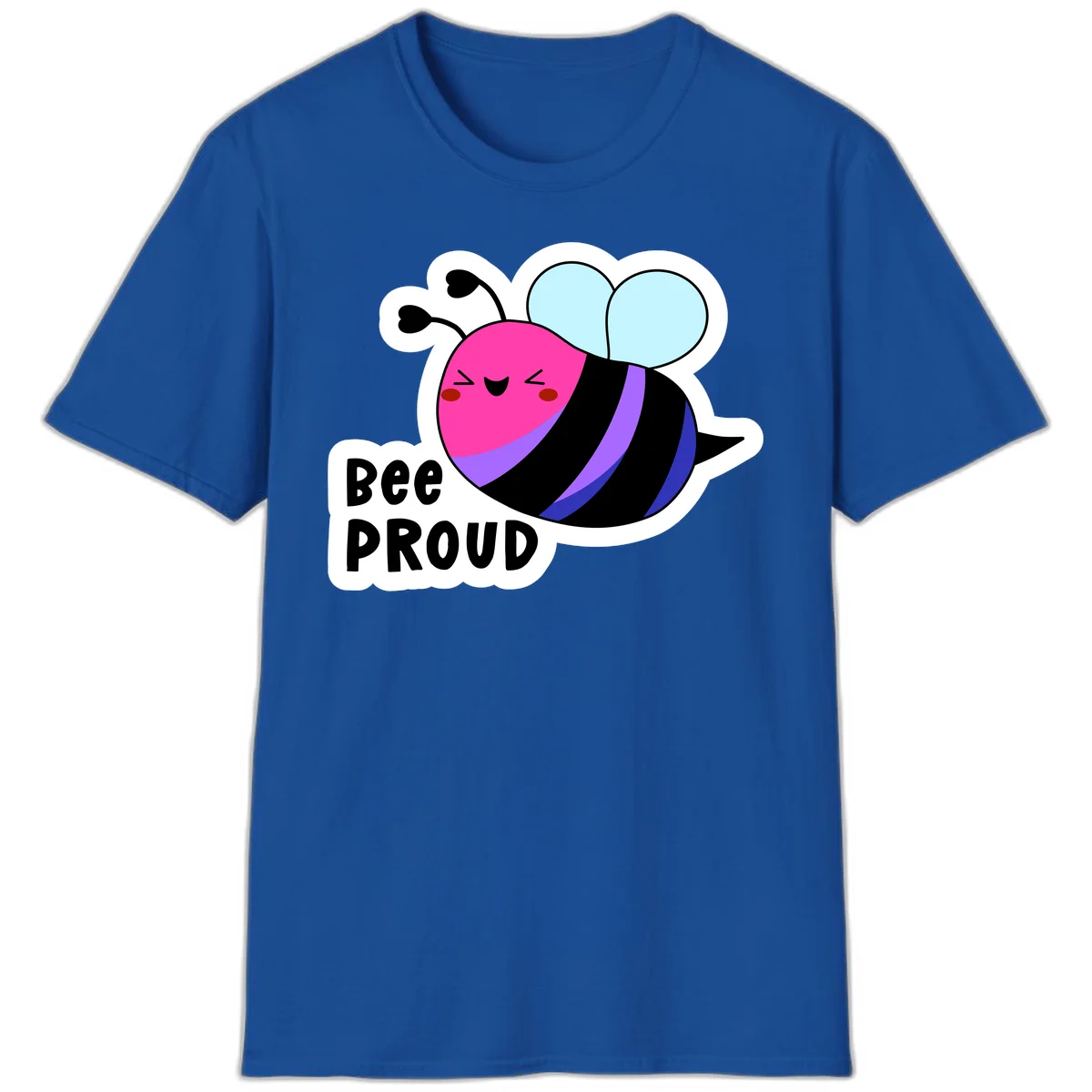 Colorful cartoon bee with pink head, rainbow-striped body, light blue wings, smiling face, and 'BEE PROUD' text in Royal
