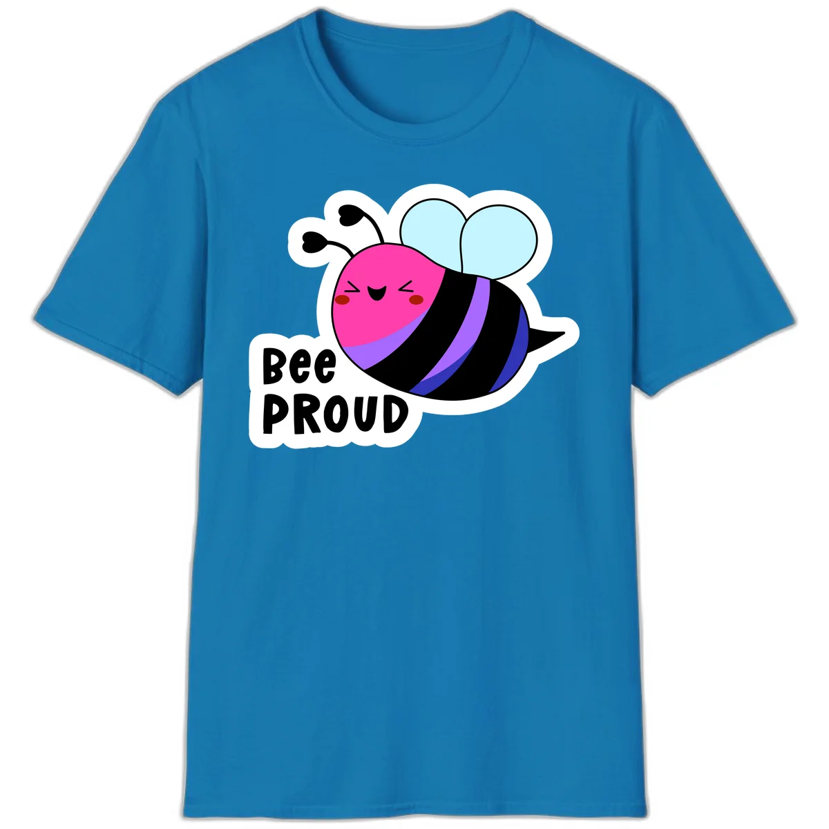 Colorful cartoon bee with pink head, rainbow-striped body, light blue wings, smiling face, and 'BEE PROUD' text in Sapphire