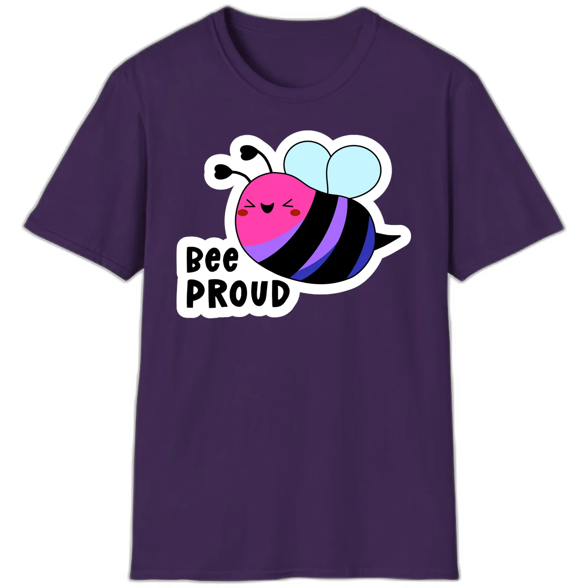 Colorful cartoon bee with pink head, rainbow-striped body, light blue wings, smiling face, and 'BEE PROUD' text in Purple