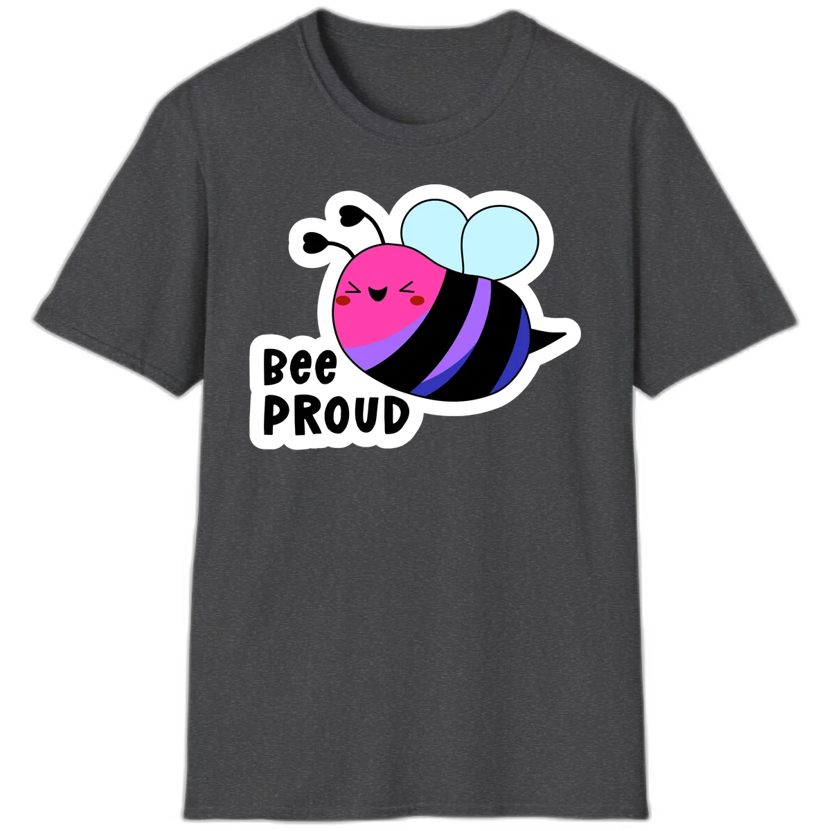 Colorful cartoon bee with pink head, rainbow-striped body, light blue wings, smiling face, and 'BEE PROUD' text in Dark Heather