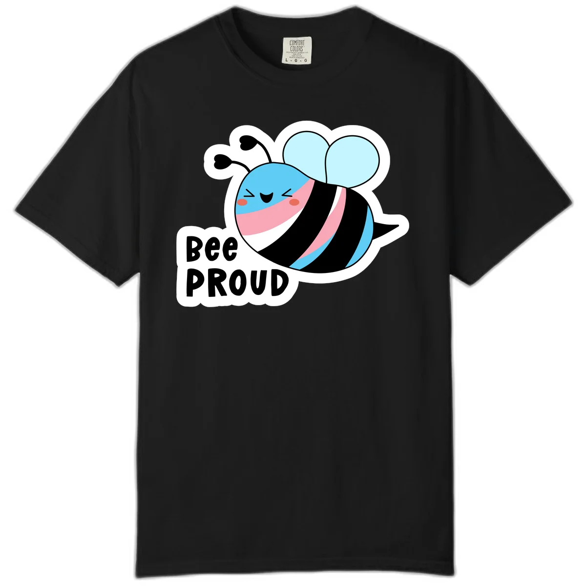 Smiling cartoon bee with blue head, pink mouth, striped body, and light blue wings next to 'Bee Proud' text in Black