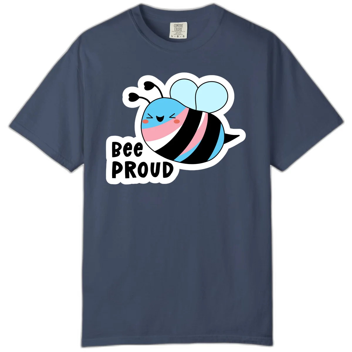Smiling cartoon bee with blue head, pink mouth, striped body, and light blue wings next to 'Bee Proud' text in Midnight
