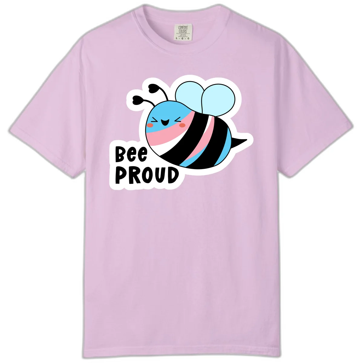 Smiling cartoon bee with blue head, pink mouth, striped body, and light blue wings next to 'Bee Proud' text in Orchid