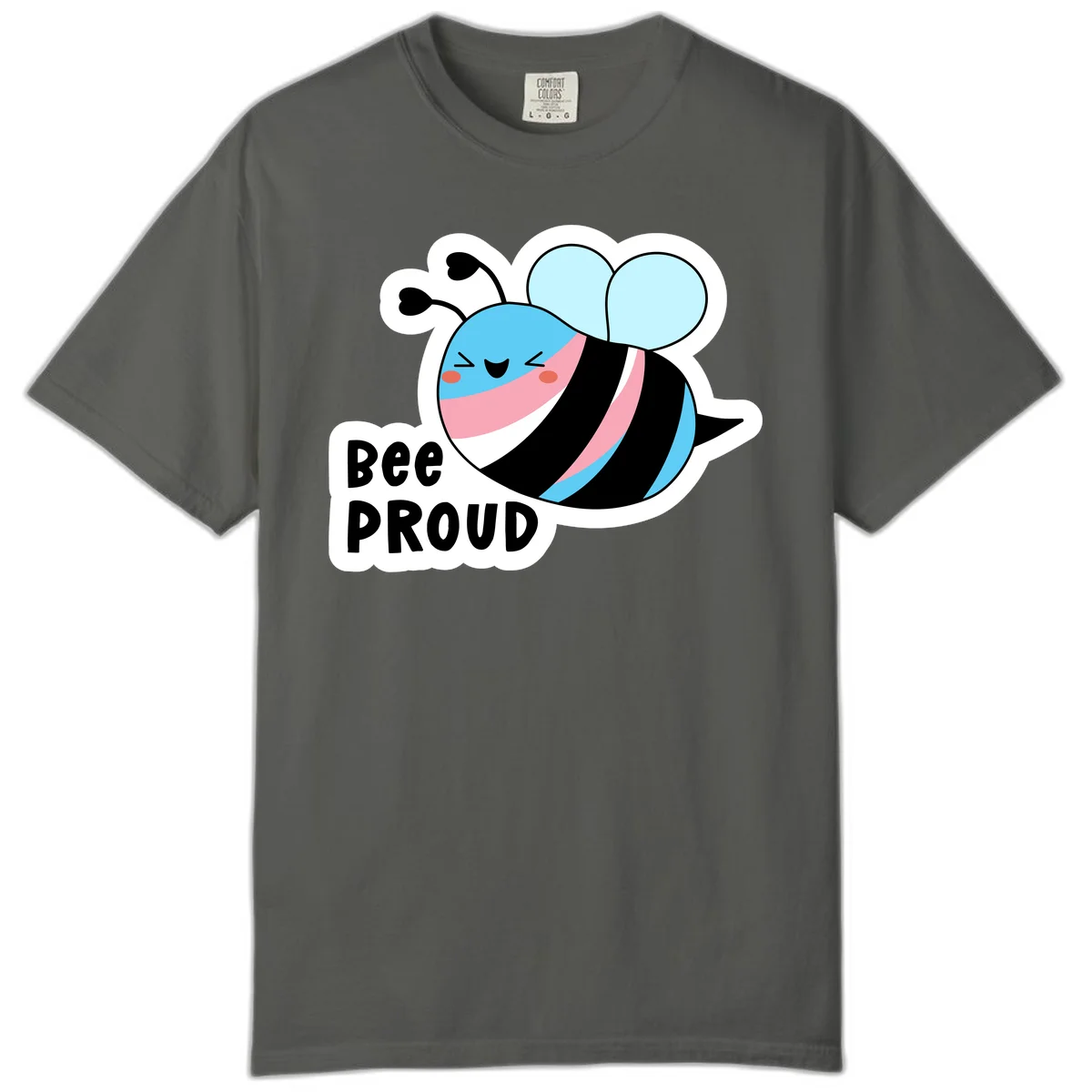 Smiling cartoon bee with blue head, pink mouth, striped body, and light blue wings next to 'Bee Proud' text in Pepper