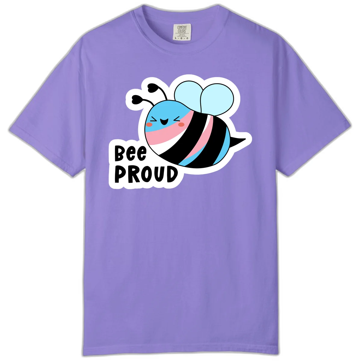 Smiling cartoon bee with blue head, pink mouth, striped body, and light blue wings next to 'Bee Proud' text in Violet