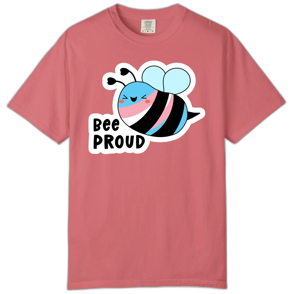 Smiling cartoon bee with blue head, pink mouth, striped body, and light blue wings next to 'Bee Proud' text in Watermelon