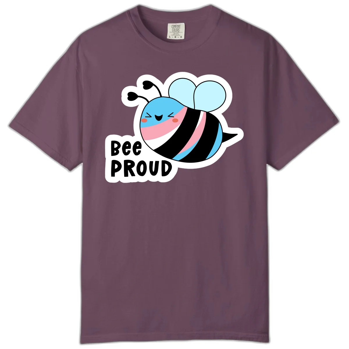 Smiling cartoon bee with blue head, pink mouth, striped body, and light blue wings next to 'Bee Proud' text in Berry