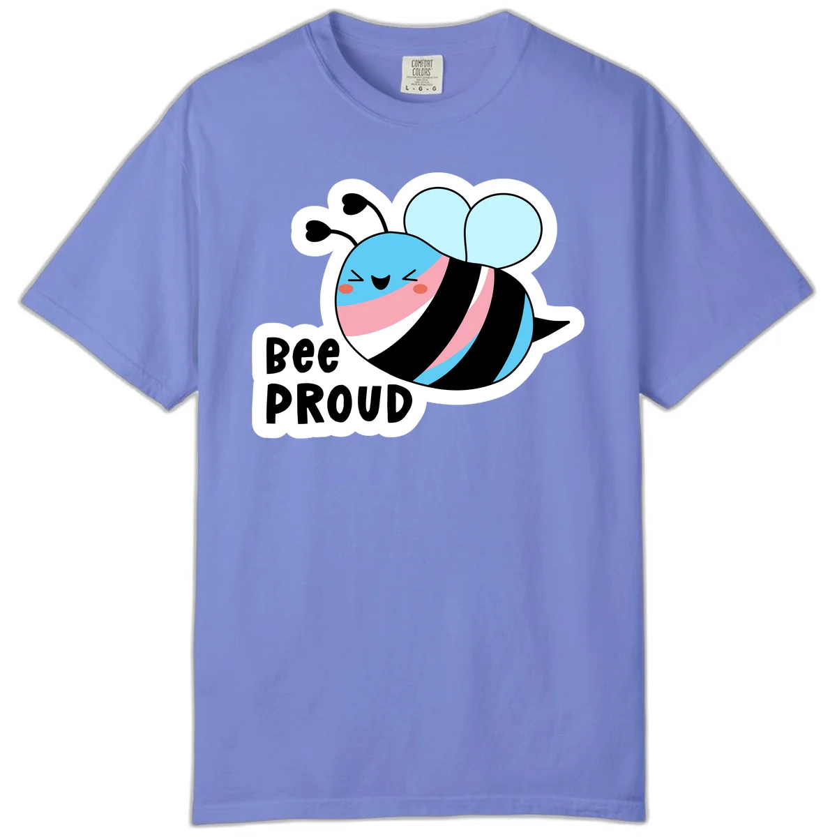 Smiling cartoon bee with blue head, pink mouth, striped body, and light blue wings next to 'Bee Proud' text in Flo Blue