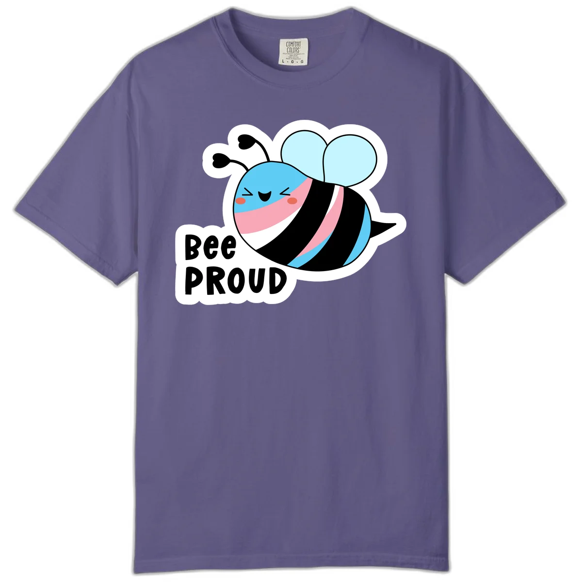 Smiling cartoon bee with blue head, pink mouth, striped body, and light blue wings next to 'Bee Proud' text in Grape