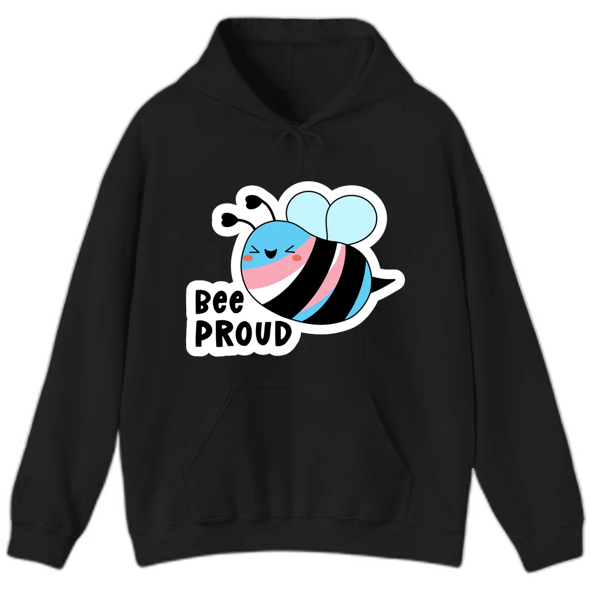 Smiling cartoon bee with blue head, pink mouth, striped body, and light blue wings next to 'Bee Proud' text in Black
