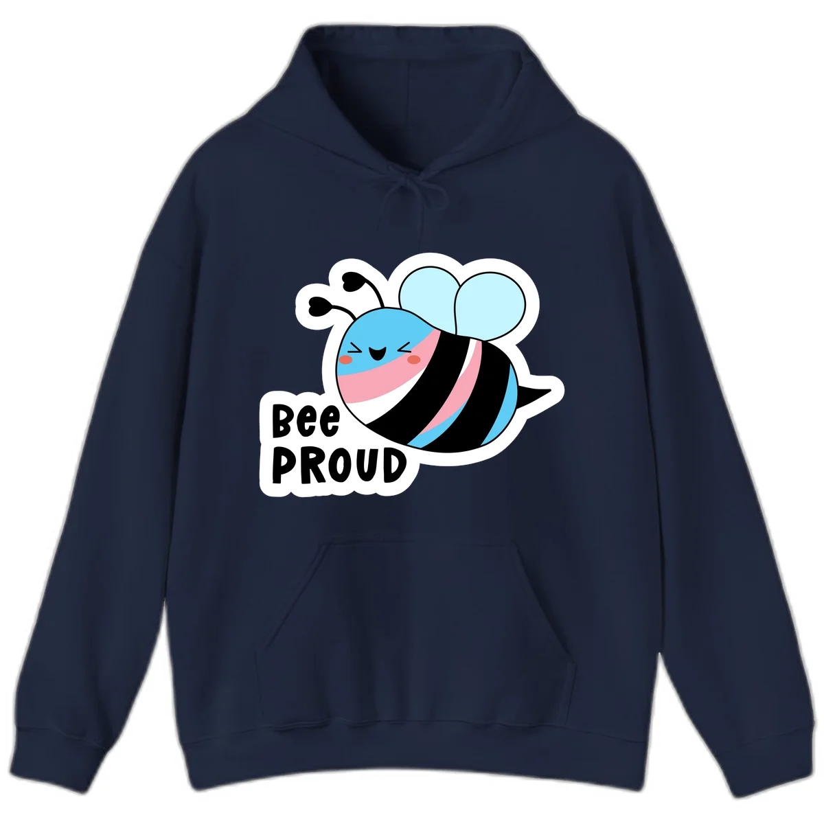Smiling cartoon bee with blue head, pink mouth, striped body, and light blue wings next to 'Bee Proud' text in Navy