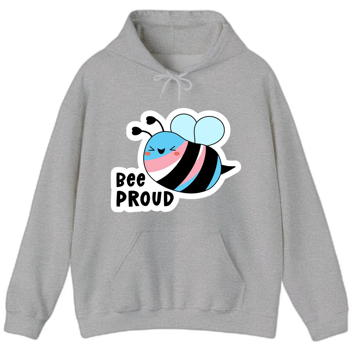 Smiling cartoon bee with blue head, pink mouth, striped body, and light blue wings next to 'Bee Proud' text in Sport Grey