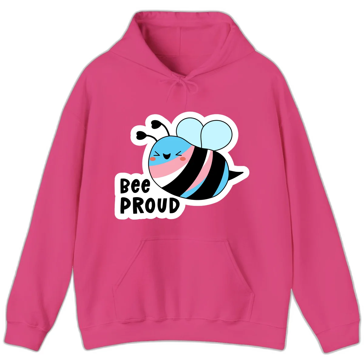Smiling cartoon bee with blue head, pink mouth, striped body, and light blue wings next to 'Bee Proud' text in Heliconia