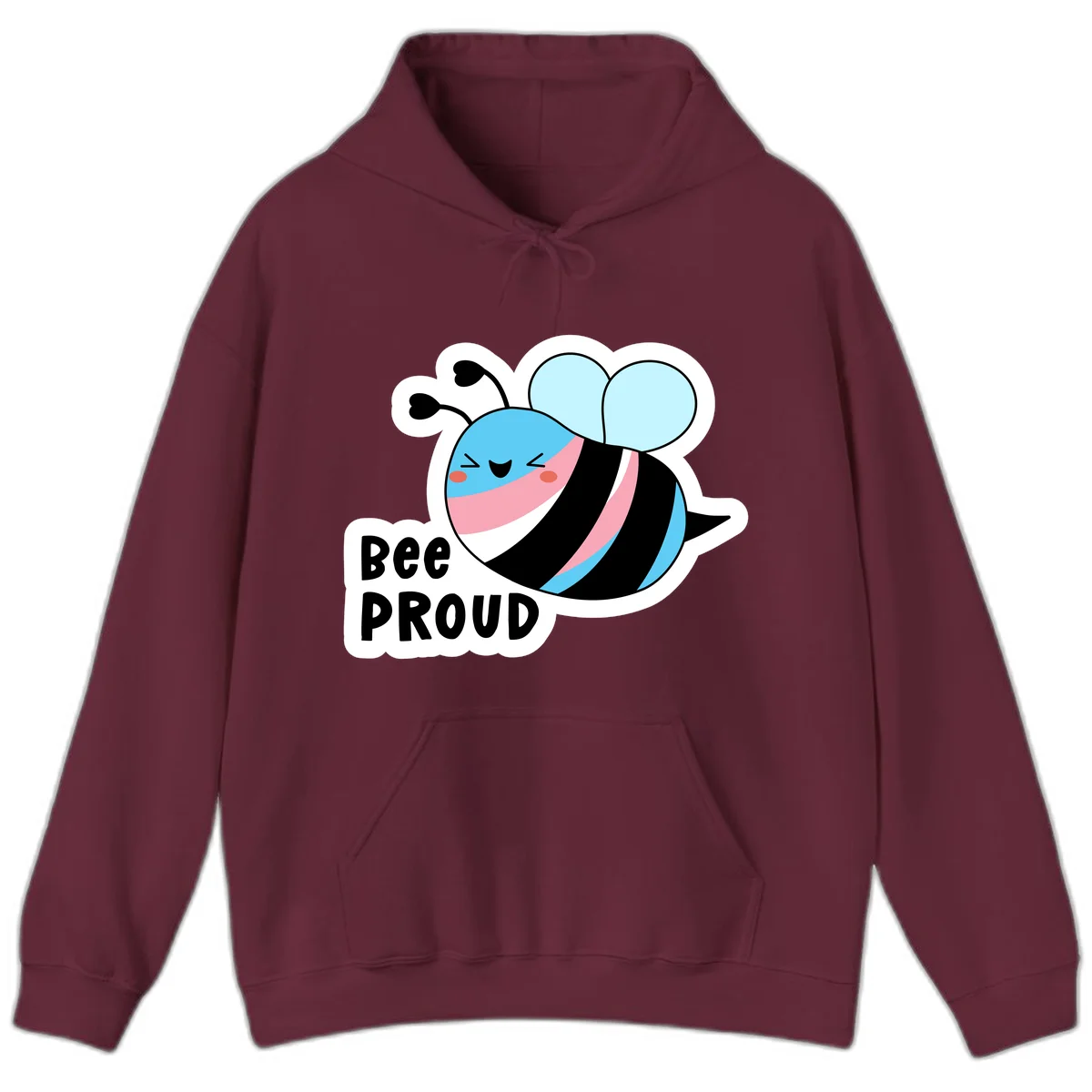 Smiling cartoon bee with blue head, pink mouth, striped body, and light blue wings next to 'Bee Proud' text in Maroon