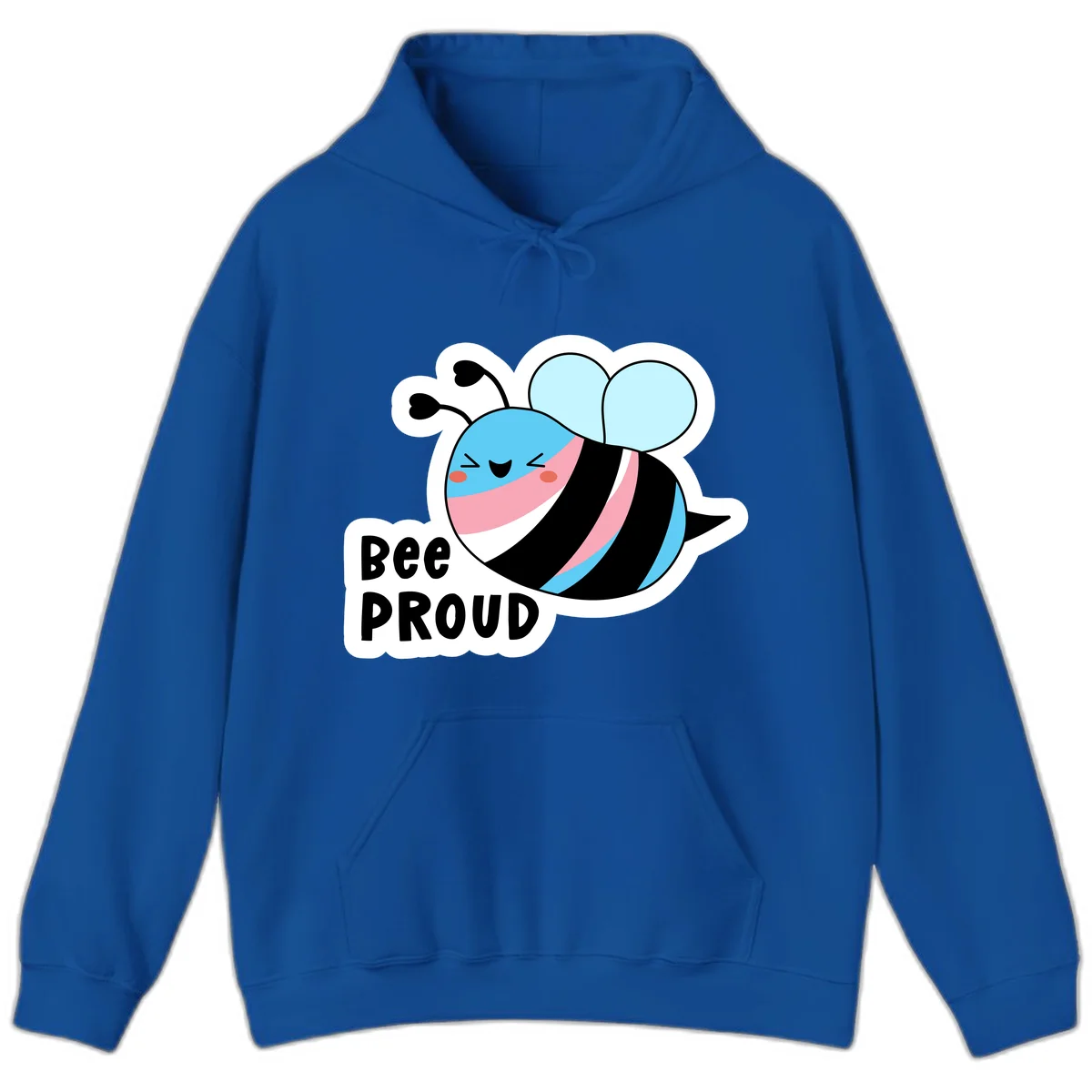 Smiling cartoon bee with blue head, pink mouth, striped body, and light blue wings next to 'Bee Proud' text in Royal