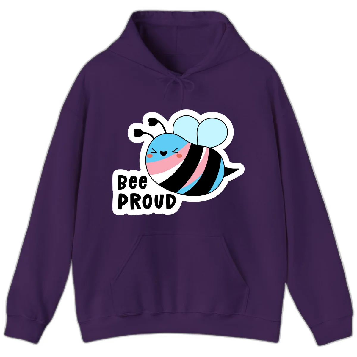 Smiling cartoon bee with blue head, pink mouth, striped body, and light blue wings next to 'Bee Proud' text in Purple