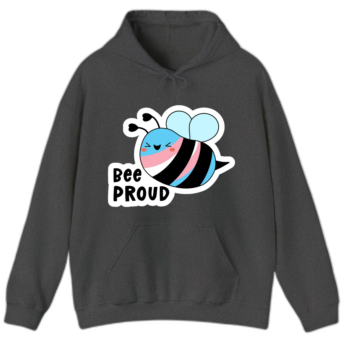 Smiling cartoon bee with blue head, pink mouth, striped body, and light blue wings next to 'Bee Proud' text in Dark Heather