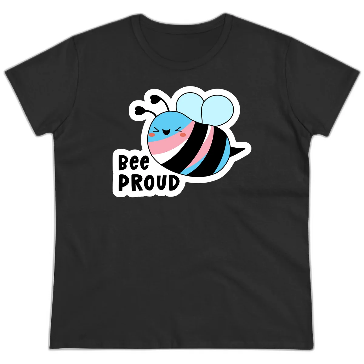 Smiling cartoon bee with blue head, pink mouth, striped body, and light blue wings next to 'Bee Proud' text in Black