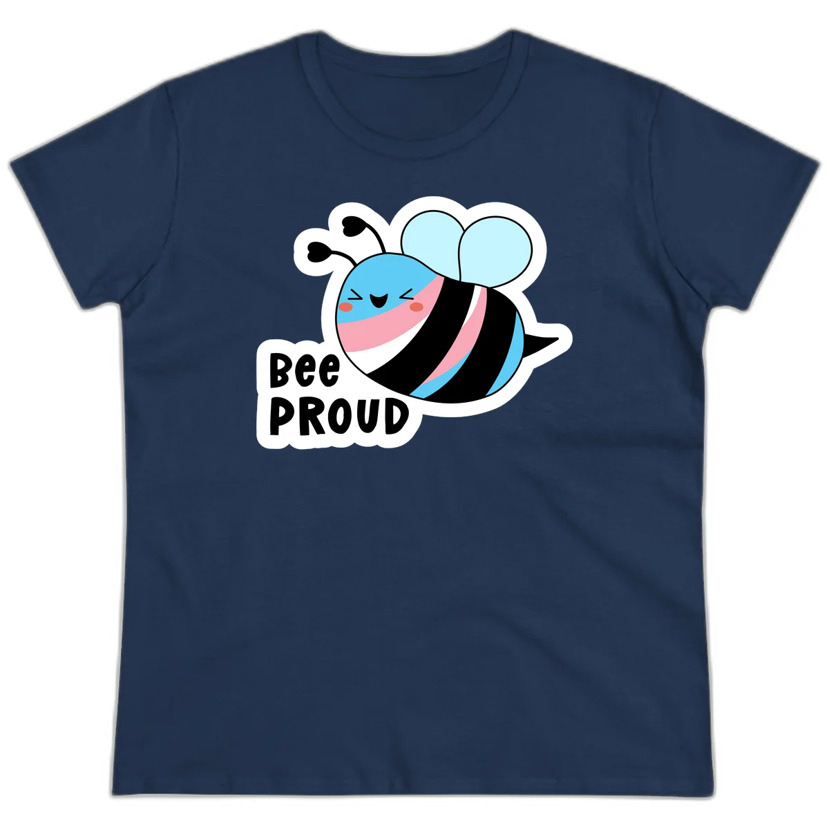 Smiling cartoon bee with blue head, pink mouth, striped body, and light blue wings next to 'Bee Proud' text in Navy
