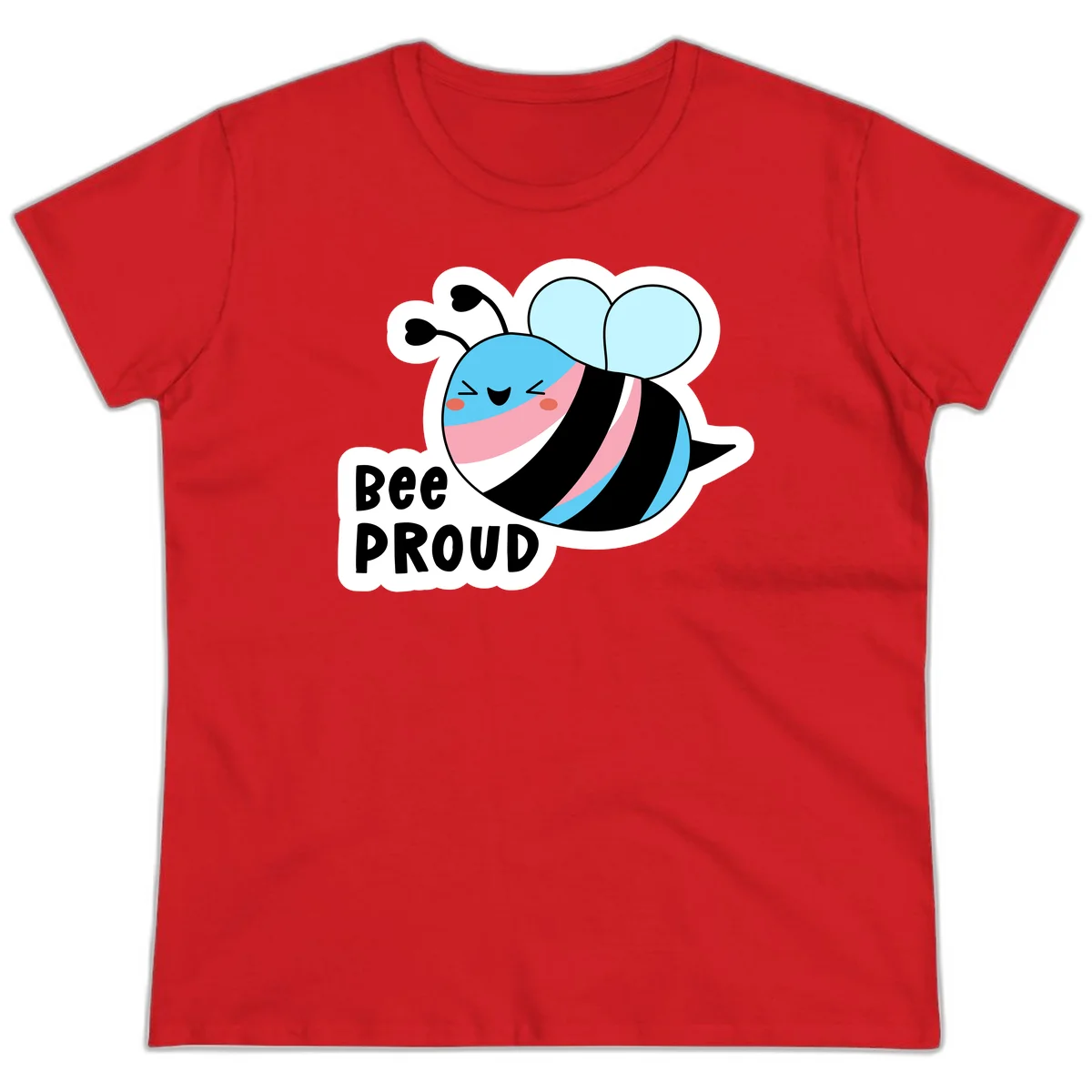 Smiling cartoon bee with blue head, pink mouth, striped body, and light blue wings next to 'Bee Proud' text in Red