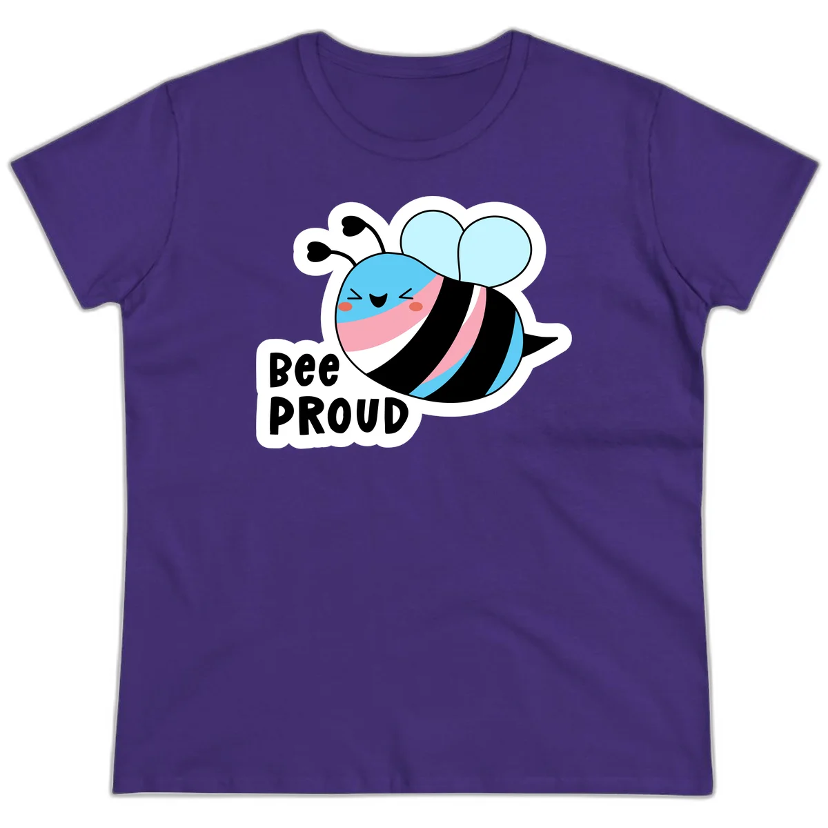 Smiling cartoon bee with blue head, pink mouth, striped body, and light blue wings next to 'Bee Proud' text in Purple
