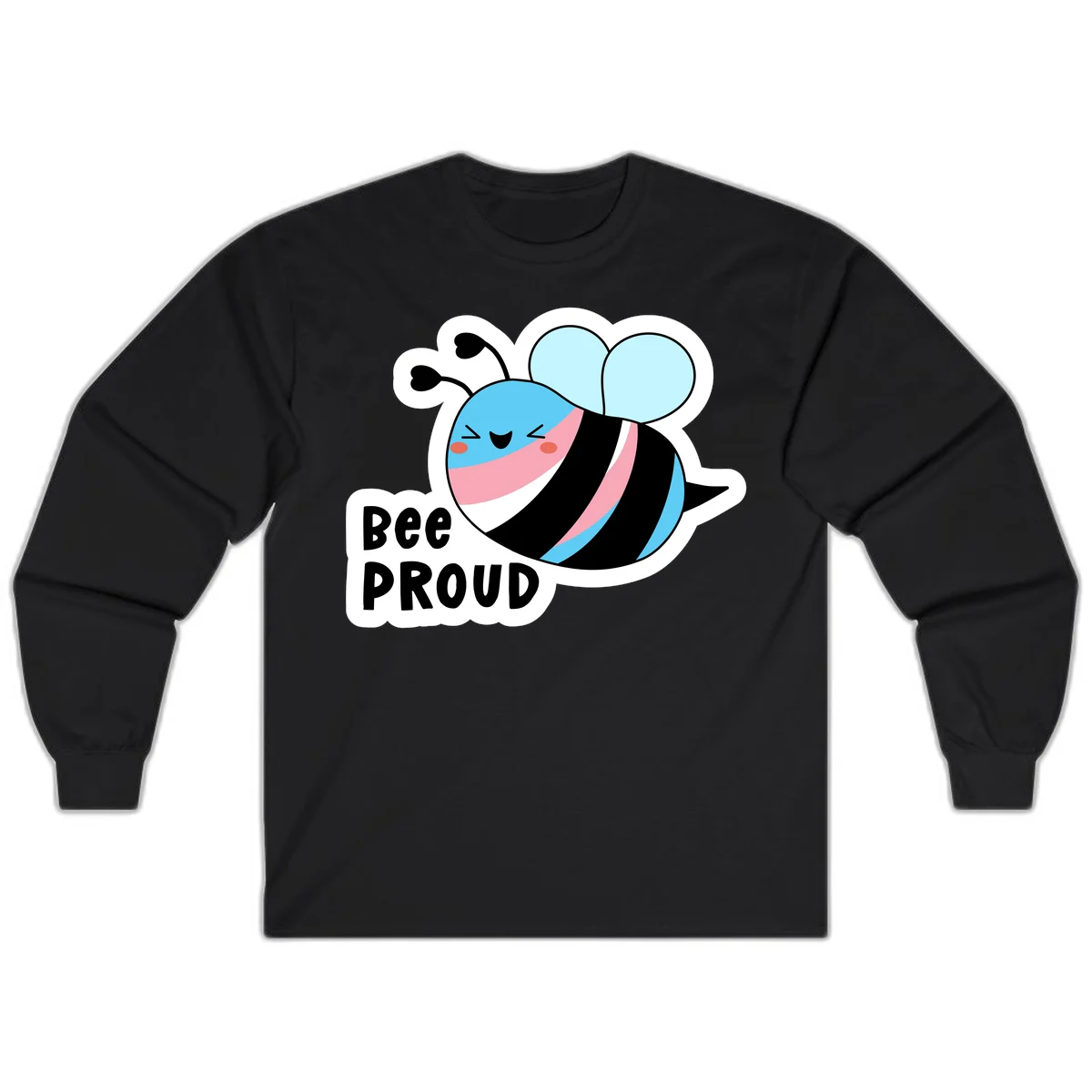 Smiling cartoon bee with blue head, pink mouth, striped body, and light blue wings next to 'Bee Proud' text in Black