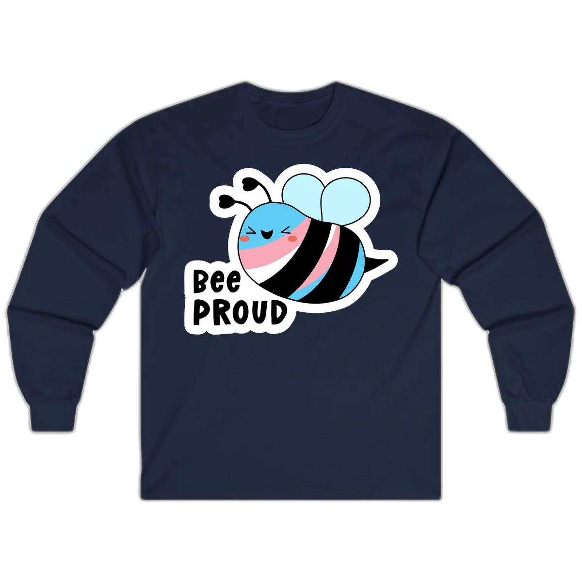 Smiling cartoon bee with blue head, pink mouth, striped body, and light blue wings next to 'Bee Proud' text in Navy